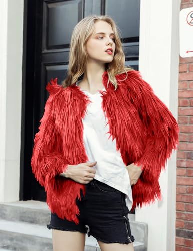 Flygo Faux Fur Coat Women Faux Fur Jacket Fluffy Open Front Cardigan Shaggy Short Coat Fall Winter Jacket(Red-S)3