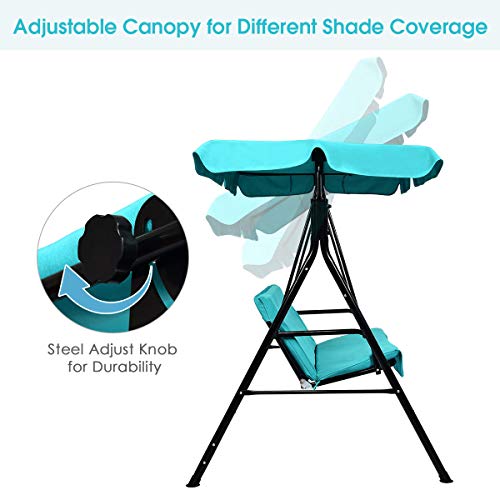 Image of Tangkula 2 Person Porch Swing, Outdoor Swing with Removable Cushions, Solid Steel Structure, Patio Swing with Adjustable Canopy for Porch, Backyard, Garden, Balcony Turquoise