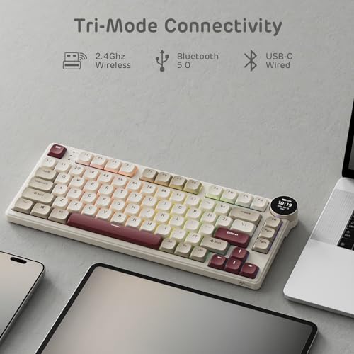 Image of RK ROYAL KLUDGE N80 Low Profile Mechanical Keyboard w /Smart Display Screen & Knob, 75% Top Mount 3-Modes Wireless Mechanical Keyboard, Software Support, Massive Battery, 80 Keys, Quiet Red Switch