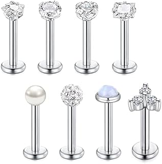 VCMART 8pcs Lip Bars Labert Studs 10mm Silver 16G Stainless Steel Helix Monroe Medusa Piercing Jewellery