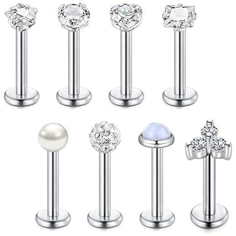 VCMART 8pcs Lip Bars Labert Studs 10mm Silver 16G Stainless Steel Helix Monroe Medusa Piercing Jewellery Cover