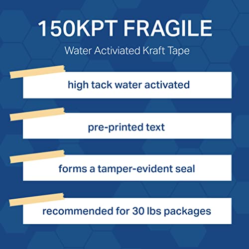 Image of TapeCase, 150KPT-2, Fragile Printed Kraft Tape, Water Activated Adhesive, Tan, 3 in x 450 ft, 1 Count