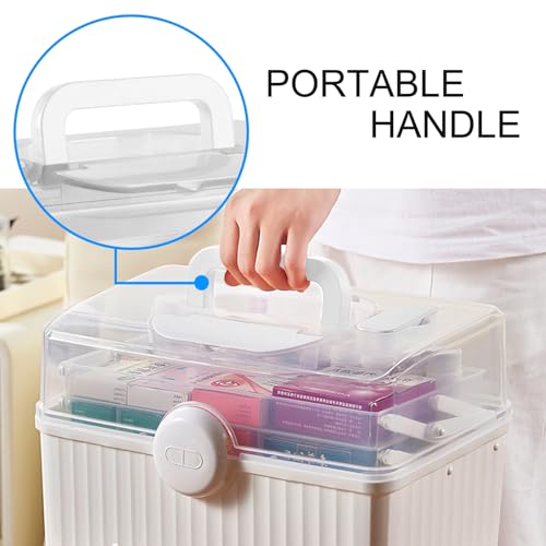 Image of First Aid Box Organizer Empty Large Capacity Supplement 3 Layers Portable Emergency Medical Organizer with Handle for Family, Office and Travel (White-Clear)