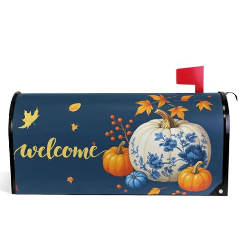 Image of Wamika Welcome Fall Blue Magnetic Mailbox Covers Porcelain Pumpkin Maple Leaves Mailbox Cover Over Size Full Magnet Garden Yard Porch Mail Boxes Cover Holiday Decorations 25 inch L x 21 inch W
