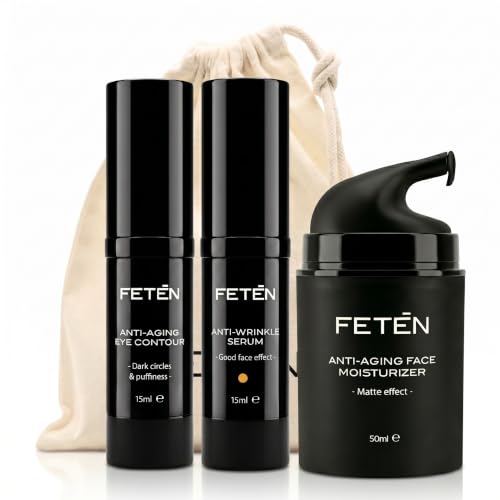 FETEN Skincare Pack Regalo para Hombre - Set Antiedad Hidratante con Crema Facial Antiarrugas, Contorno de Ojos Antiojeras y Sérum de Vitamina C, Kit Cosmética y Cuidado Personal para Hombres