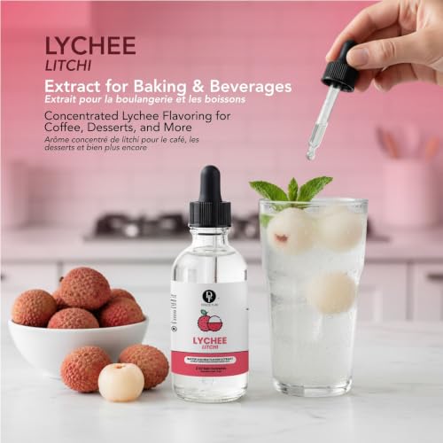 Image of Dolce Flav Natural Lychee Extract - 2 Ounce Water-Soluble Kosher, Sugar-Free, Concentrated Exotic Lychee Flavoring for Beverages, Desserts & Baking, Includes Measured Dropper