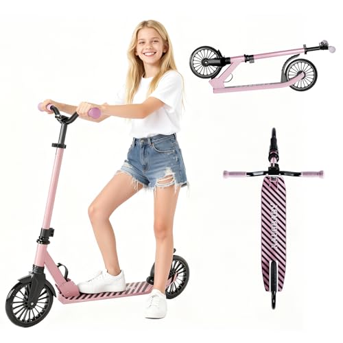 Scooter for Kids, Lightweight Foldable Kick Scooter, 4-Level Adjustable Handlebar, 8-Inch Large Wheels with Shock Absorption, for Ages 6 and Up ,Light Pink