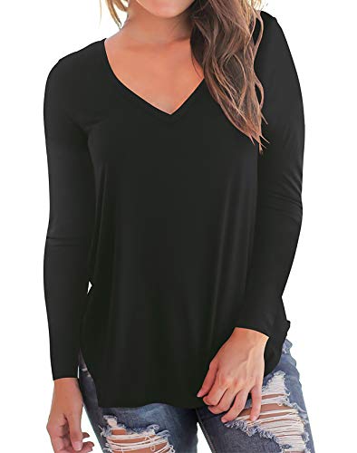 Women's V Neck Long Sleeve Loose Fit T Shirt Soft Tops Black M