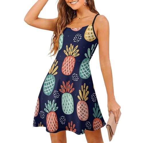 Robe d'été femme à bretelles spaghetti imprimé ananas et jupe courte de plage