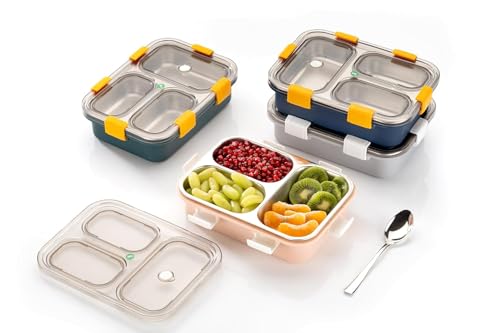Image of Storescent Lunch Box with Compartment, Leak-Proof BPA Free Stainless Steel for School, Lunch Box for School & Office with a Fork, a Spoon and a Pair of Chopsticks (Blue, 3 Compartment)