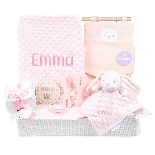 Mi Pipo - Canastilla Bebe Personalizada Rosa | Cesta Bebe Recien Nacido con Manta, Doudou, Chupete, Pañales y Accesorios | Set Regalo Nacimiento Completo, Nombre Bordado, Poliéster