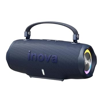 INAVA Caixa de Som Bluetooth 5.4 com Música 12 Horas por Dia - Som Estéreo Explosivo, Luzes RGB Coloridas, Impermeável IPX6 - Sua Companheira Perfeita para Praia, Acampamento e Festas (Azul)