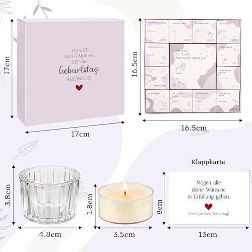 TUZELIYA Geburtstagsgeschenk für Frauen Lila 12 Stück Duftkerzen Geschenkset mit Geburtstagskarte - Verborgene Botschaft erscheint beim Abbrennen - Überraschung & Entspannung Geschenke für Freundin