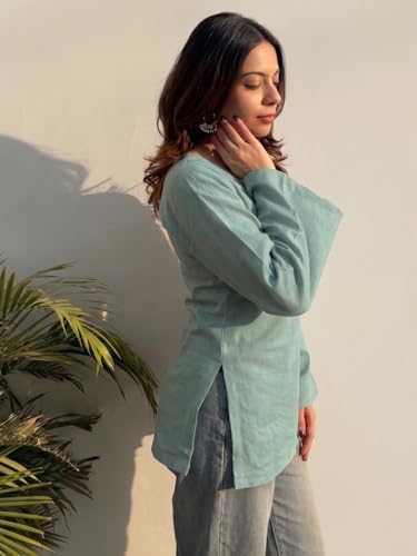 Image of ANNI Designer Short Kurti for Women Solid Design | V Neck Full Sleeve Kurti Tops for Women | Stylish Kurtis & Short Kurtis for Woman | Casual Kurti with Jeans | Kurtas for Woman