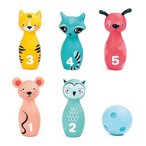 Ludi - Jeu de Quilles Souples pour Bébé - Dès 10 Mois - 5 Quilles Animaux Faciles à Prendre en Main + Balle Ergonomique - Dextérité, Vise et Coordination -...