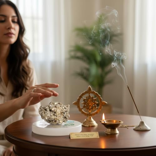 Image of inchOriginal Pyrite Stone with Natural Selenite Charging Plate | Lab Certified Crystal Set for Wealth, Business Luck, Reiki Healing & Vastu Energy inch (SEL+ COLOUR)