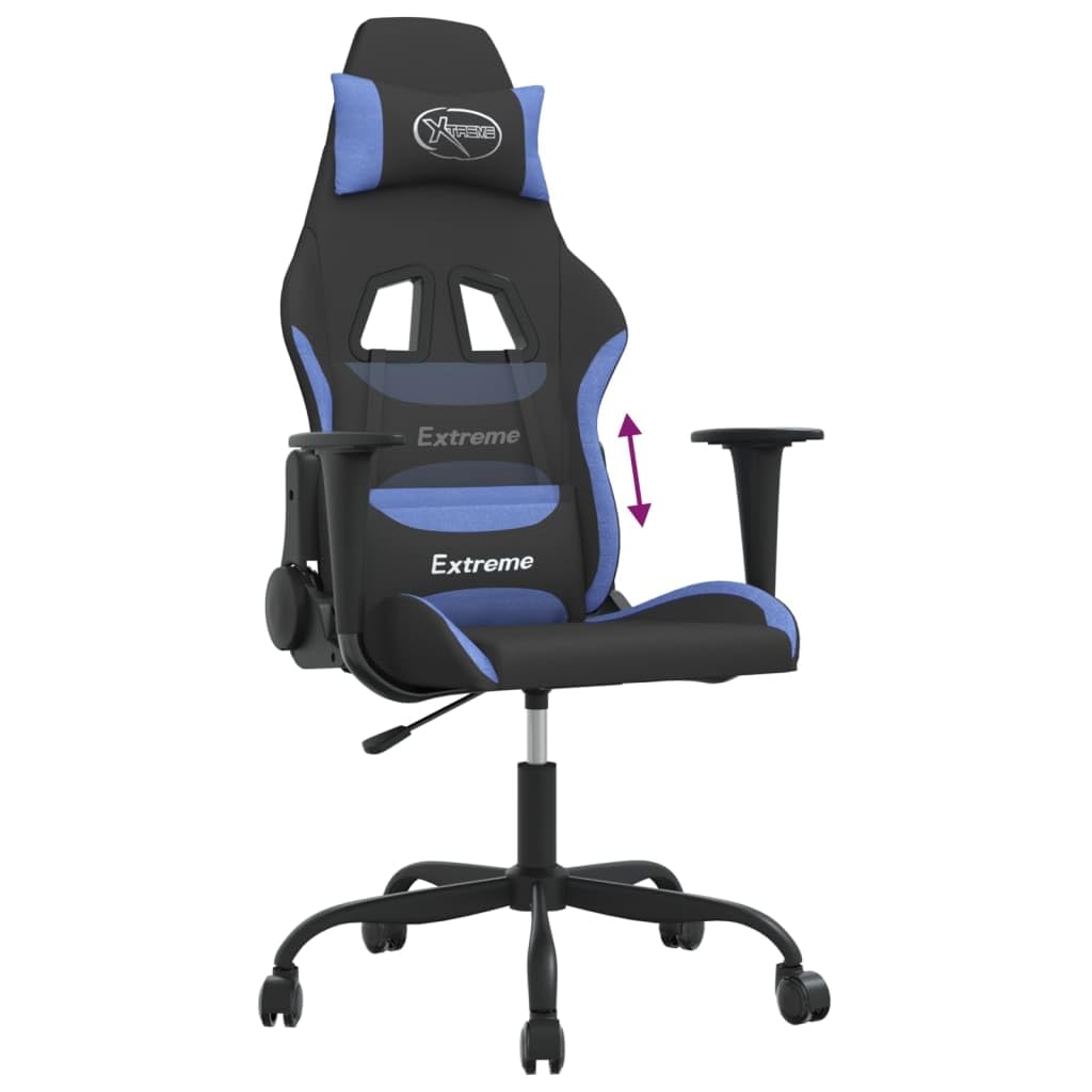 Gaming-Stuhl Schwarz Blau Stoff mit Verstellbarer Rückenlehne und 360 Grad Drehfunktion Ergonomischer Bürostuhl mit Armlehnen und Lendenkissen für Homeoffice Jugend PC Esport