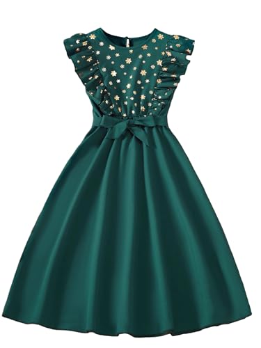 WDIRARA Girl's Flounce Sleeve Belted Gold Snowflake Party Swing A Line Dress