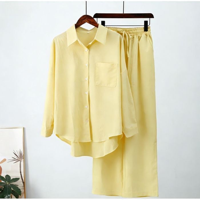Women Casual Solid Color Two Piece Set Loose Fit Pants Outfit