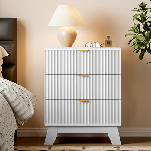 Image of BORNOON Fluted 3 Drawer Dresser, 30.3 inch Tall Compact Modern Boho Chest of Drawers, Wooden Storage Cabinet for Bedroom, Living Room, Entryway, Curved Profile Design