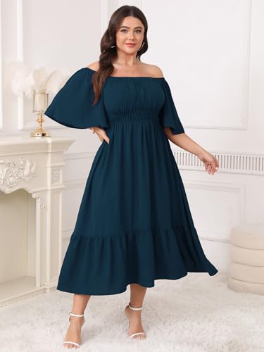 Image of CICIDUDU Plus Size Smocked Maxi Dresses for Curvy Women Square Neck Flowy Casual Summer Wedding Guest Dress
