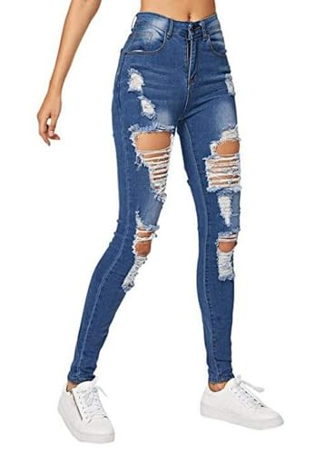 Women's Mid Rise Skinny Stretch Ripped Jeans Mid Waisted Destroyed Sexy Tight Denim Pants2