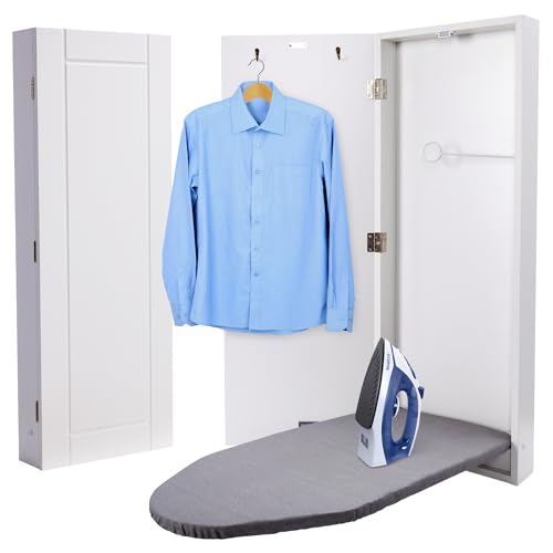 Ivation Wall-Mounted Ironing Board Cabinet, Foldable Ironing Storage Station for Home, Apartment , Easy-Release Lever, Garment Hooks, White