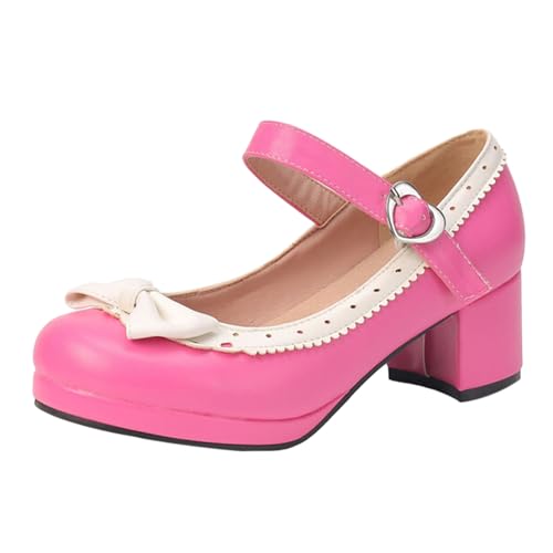 Sandalias de verano para mujer, estilo retro, con tacón grueso, estilo universitario, con lazo, talla grande, tacón cuadrado, sandalias gruesas, Rosa., 39 EU Ancho