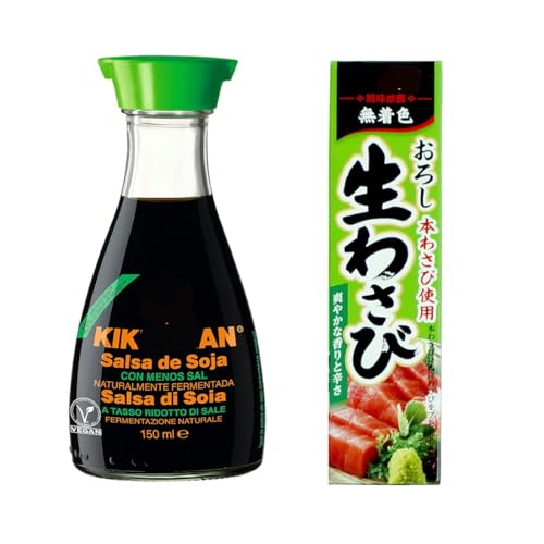 Pack YIJIA Wasabi Japones en Tubo 43g + Kikoman Sauce Soja Baja en Sal 150 ml con dispensador (Soja Verde+Wasabi)
