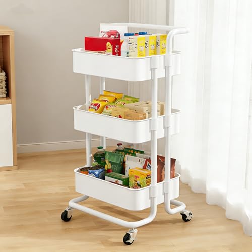 サムコス キッチンワゴン キャスター付き 360°可動 3段 隙間収納 移動実用カート 調味料棚 キッチン バスルーム 寝室 洗面所 冷蔵庫横 オフィス ランドリー バスケットラック 多機能 大容量 省スペース 組立簡単 小物整理 調味料入れ 食器 多機能 収納棚 長43*幅36*高さ86cm(ホワイト)