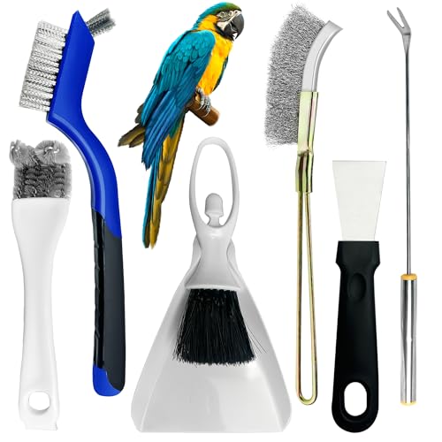 Upgrade 6PCS Cage Cleaner Set,2-in-1 Stainless Steel Pet Cage Brush,Bird Poop Remover,Scraper Tool with Long Handle,Small Animals House Cleaning Accessories,Mini Dustpan and Broom Set (6PCS)