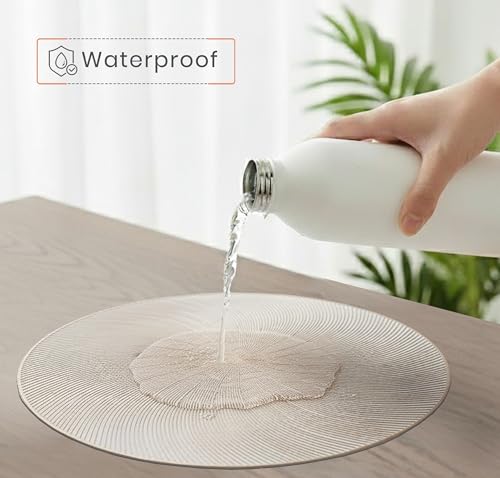 Image of Yellow Weaves 2 Pcs PVC Round Table Placemats, Dining Table Mat, Stain Resistant, Anti-Skid, Waterproof, Washable, Dining, Kitchen, Restaurant Table Set Easy to Clean, Durable (Spiral Golden)