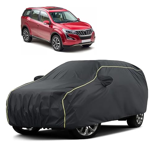 Image of Sulfar 100% Water Resistant Car Body Cover Compatible with Mirror for Mahindra XUV 500 (Triple Stitched, Full Bottom Elastic, Dark Grey Taffeta with Yellow Piping)