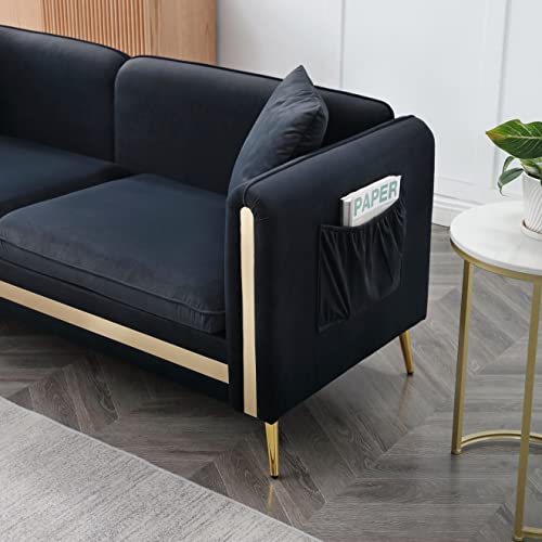 Homsof 77.2” Modern Upholstered Velvet Sofa Couch With Removable Cushions Side Pocket Gold Metal Legs, 2 Pillows Included, Black(3-Seater) #TOP1