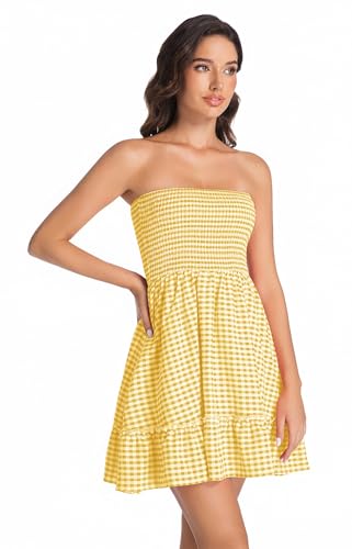Image of Tsher Tube Top Dress for Women Summer Solid Strapless Mini Dresses Off The Shoudler Ruffle Beach Cover Sundress