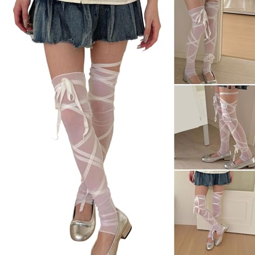 Ballet Styles Sheer Thigh High Leg Warmers With Ribbon Tie Fashionable Lace Up Mesh Leg Covers Long Socks For Women Girl Shee2