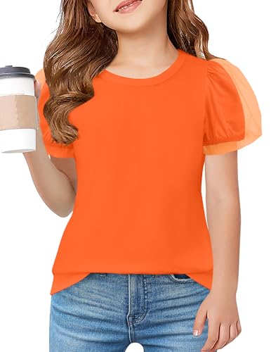 Image of Arshiner Girls Shirts Mesh Puff Short Sleeves Blouse Crewneck Cute Print Summer Kids Tee Tops