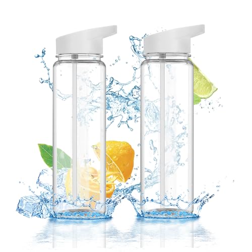 XJYMCOM 2Pcs Sports Bottle 750ml Leak-Proof Water Bottle Clear Plastic Gym Bottle with Filter Flip Top Reusable Suitable for Gym School Sports Cycling White