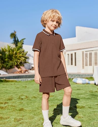 Image of Arshiner Boys 2 Piece Outfits Button Polo Shirt & Elastic Shorts 4-13 Years