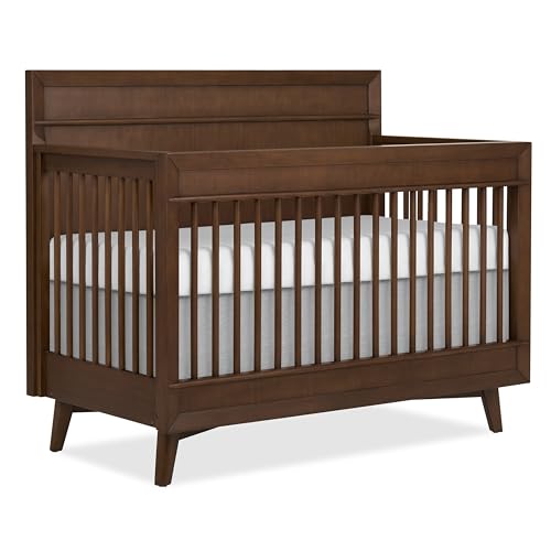 Image of Evolur Loft Antilia Mid-Century 4-in-1 Crib in Walnut, Greenguard Gold & JPMA Certified, Baby Crib Converts to Toddler Bed, Daybed & Full Bed