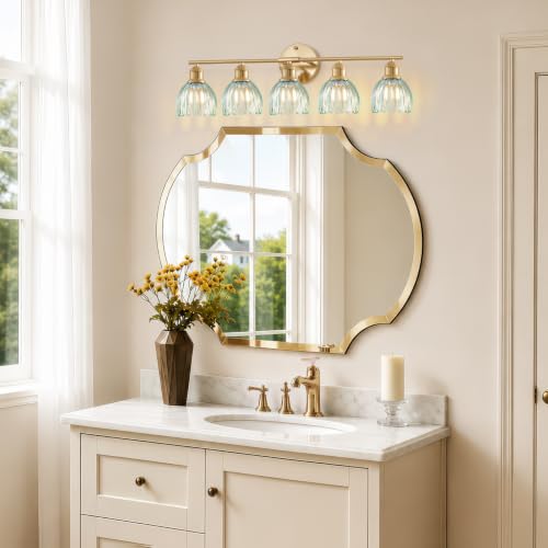 Image of Bathroom Light Fixtures, 5-Light Brushed Gold Vanity Lights for Bathroom with Blue Tulip Glass Shade, 30 inch Vintage Bathroom Vanity Lighting Fixtures Over Mirror for Bedroom Living Room Hallway