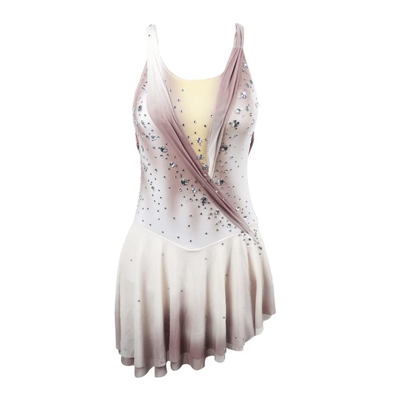 BINGHUOZHIWU Brown and White Backless Sleeveless Boat Neck Handmade Figure Ice Skating Dress for Women and Girls