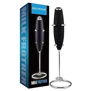 KITOME Milk Frother for Coffee Handheld Battery-Operated Electric Whisk Beater, Portable Foam Maker for Latte, Cappuccino, Hot Chocolate, Egg Beater with Stainless Steel Stand (Black)