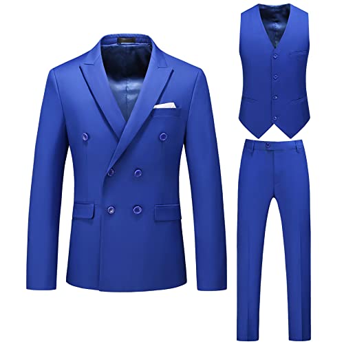 MOGU Mens 3 Piece Suit Double Breasted Slim Fit Tuxedo Solid Color Formal Dress for Party Wedding Prom