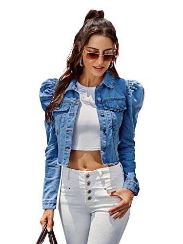 Floerns Women's Casual Ripped Puff Sleeve Button Front Jean Denim Jacket