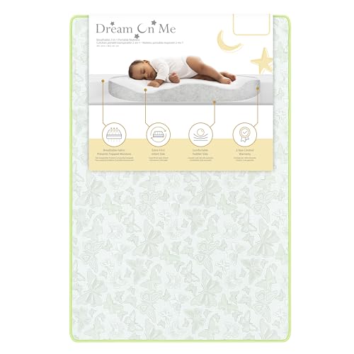 Dream On Me 2-in-1 Breathable Two-Sided 3' Portable Crib Mattress | Waterproof Cover | Dual Sided | Fits Portable/Mini Cribs | Fiber Core | Promotes Airflow, 1 Count (Pack of 1)