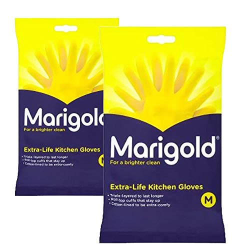 Marigolds Unisex Marigold-gloves-medium Marigold Extra Life Kitchen Gloves Medium 2 Pairs Yellow M Pack of UK