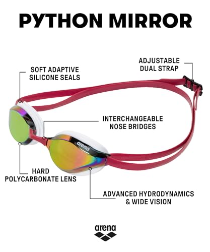 Image of ARENA Unisex Python Racing Swim Goggles for Men and Women Anti-Fog No Leak Max Comfort Dual Strap, Mirror /Non-Mirror Lens