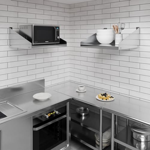 Image of AmGood Stainless Steel Microwave Shelf | NSF Certified | Appliance Shelf | Heavy Duty | Commercial Grade | Wall Mount | Silver (24 inch Length x 24 inch Width)