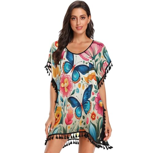 Flower Pattern Butterflies Art Women's Beach Cover Up Chiffon Tassel Swimwear Swimsuit Coverups for Girl